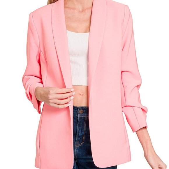 Zenana Woven 3/4 Ruched Sleeve Open Front Classic Blazer - Picture 1 of 2